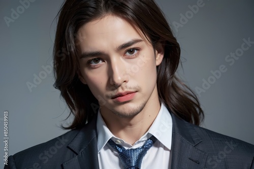 Portrait of a young man with long hair, dressed in a suit and tie, exuding confidence and style against a plain background. 