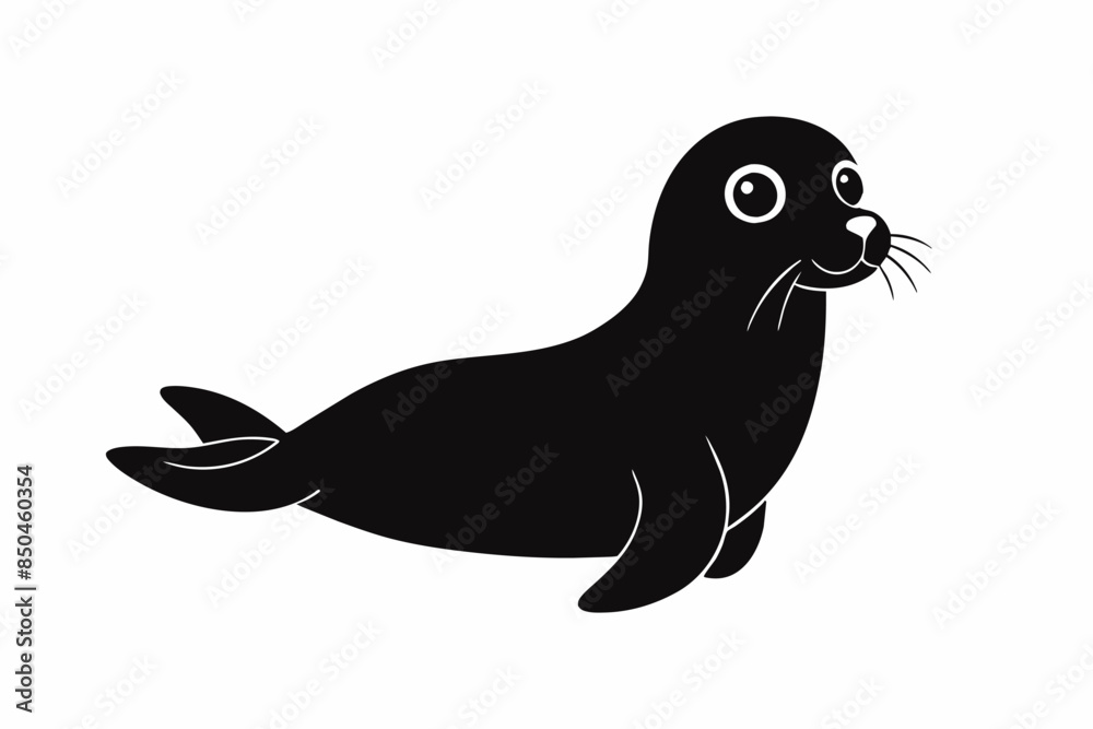 Black silhouette of a seal isolated on a white background. Concept of marine animal illustration, minimalist style, cute baby seal. Print, icon, logo, template, pictogram, element for design.