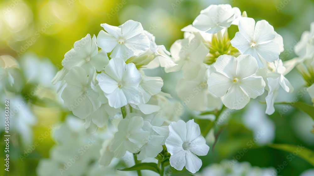 Close up photograph of Garden Phlox Phlox paniculata displaying pristine white blossoms in a garden