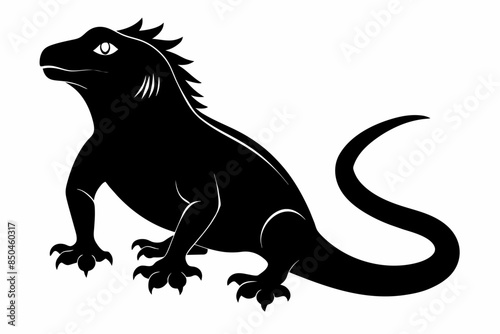 Black silhouette of an iguana isolated on a white background. Concept of reptile illustration, minimalist style, wild animal art. Print, icon, logo, template, pictogram, element for design