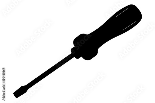 Black silhouette of screwdriver isolated on white background. Iconic design of a handheld tool for construction, repair, and maintenance work. Concept of simplicity and minimalism for logos, prints.