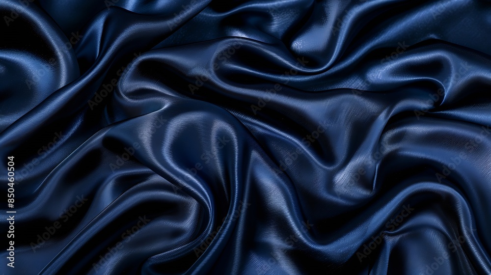 Fototapeta premium Navy blue silk satin Silky shiny fabric Dark luxury background with space for design Banner Wide Long Panoramic Template Empty Flat lay top view table BeautifulElegantBirthdayChristmas : Generative AI