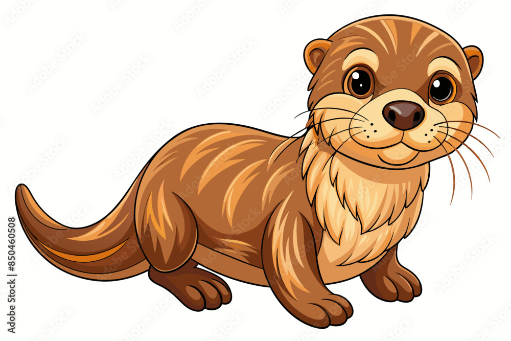 Obraz premium Cute cartoon sea otter isolated on white background. Concept of adorable marine animal illustration, minimalist style, playful otter. Print, element for design.