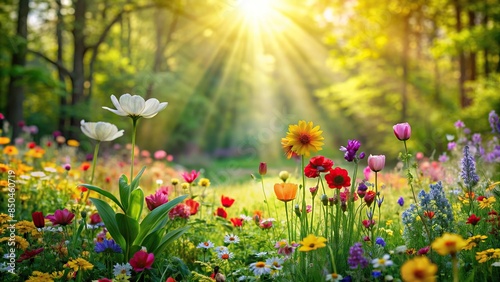 Sunlit glade with colorful flowers, sunlit, glade, flowers, meadow, nature, spring, bloom, sunny, vibrant, colorful, serene photo