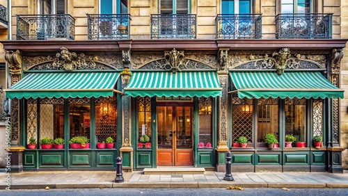 Vintage Parisian storefront facade with ornate ironwork and colorful awnings , Paris, France, vintage, storefront photo