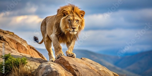Lion preparing to pounce on prey on a rocky hill, lion, predator, wild, nature, hunter, carnivore, rocks photo
