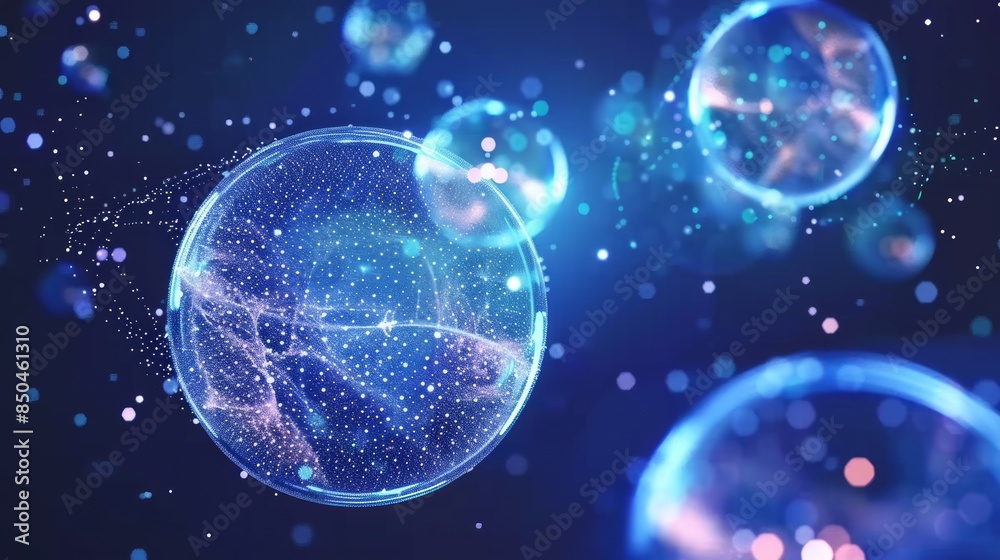 A futuristic digital glowing sphere cells on a dark blue background A futuristic digital glowing sphere cells on a dark blue background