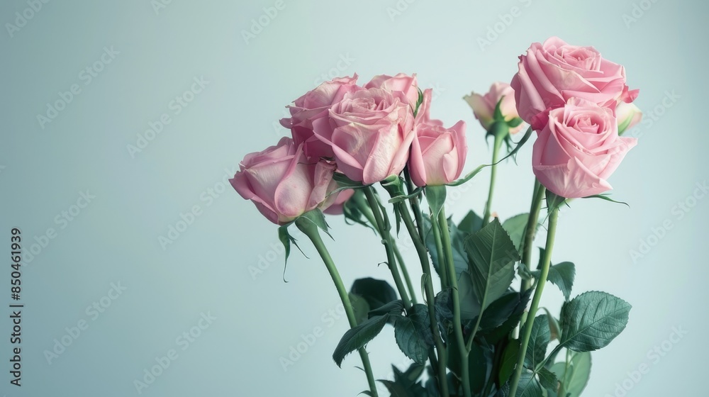 Obraz premium Bouquet of pink roses against a white backdrop
