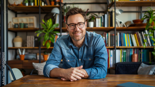 Portrait of a smiling man sitting at a wooden table in a modern library. A young man with glasses is studying new literature indoors. Training concept. © Alina Tymofieieva