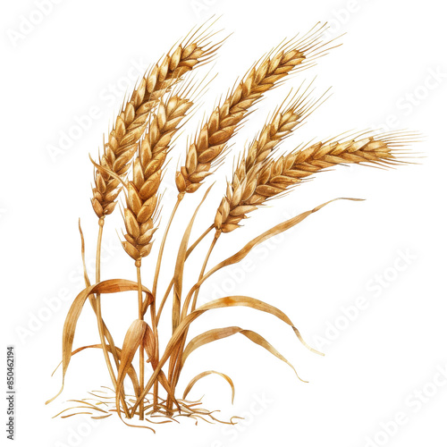 Image shows golden wheat stalks with full grains  against a transparent background, harvest element