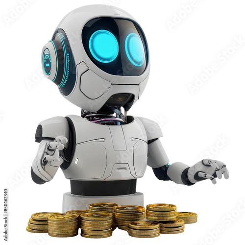 A robo-advisor, fintech services, The robot is counting money. The robot is happy because it has a lot of money. The robot is a financial advisor. The robot can help you manage your money.