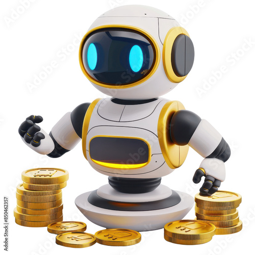 A robo-advisor clipart, fintech services robot is counting money. The robot is happy because it has a lot of money. The robot is a financial advisor. The robot can help you to manage your finances.