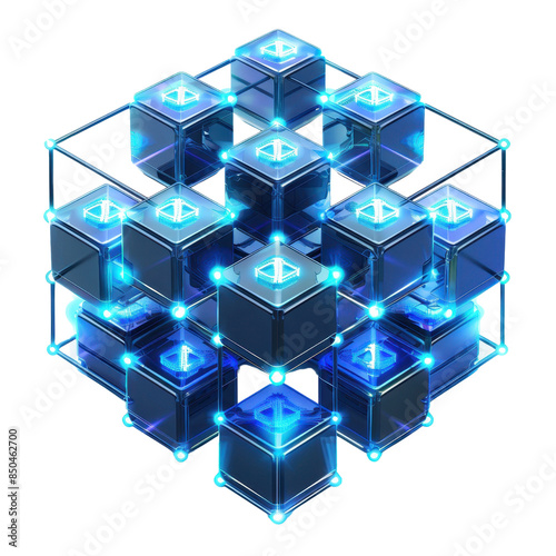 A blockchain network clipart, fintech services element, 3D rendering of glowing blue cubes, isolated on transparent background