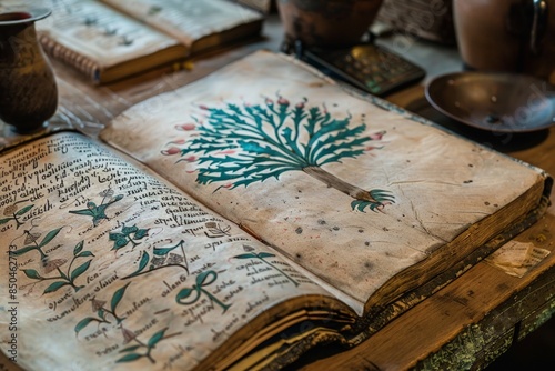The Voynich Manuscript, a mysterious and undeciphered medieval text filled with illustrations and writings photo