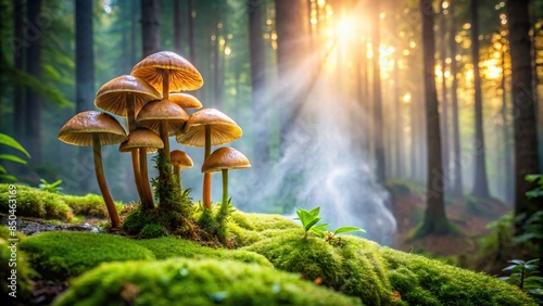 Mushrooms growing in a forest setting with mist spray, mushrooms, growth, nature, forest, fungus, mist, water, wet, damp photo