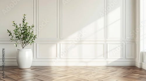 White classic wall background brown parquet floor home furniture detail frame and vase of plant : Generative AI