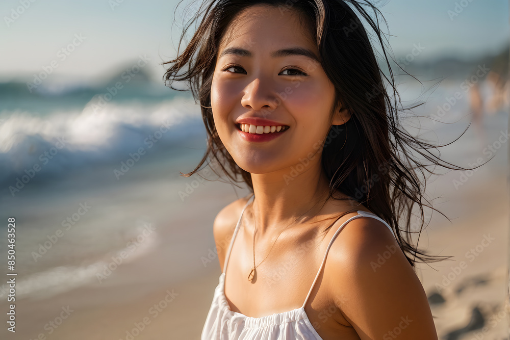 A woman with long hair is smiling at the camera on a beach A woman with long hair is smiling at the camera on a beach