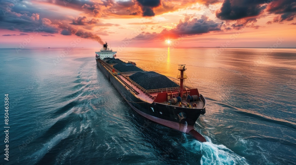 Naklejka premium A large ship is sailing in the ocean with a beautiful sunset in the background