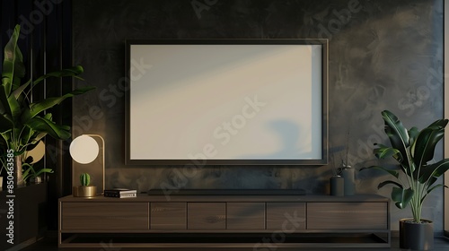 Mockup frame on cabinet in living room interior on empty dark wall background3D rendering : Generative AI