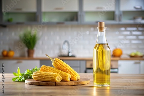 Corn oil in a bottle next to corn on a table in a modern kitchen, cooking oil, healthy, organic, food, nutrition photo