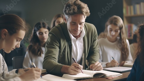 Group of people working together, collaborative meeting or study session, possibly creative writing or brainstorming
