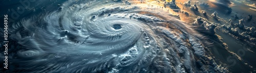 Aerial view of a hurricanes eye over the ocean, dramatic cloud formations and vibrant colors illustrating a powerful natural phenomenon