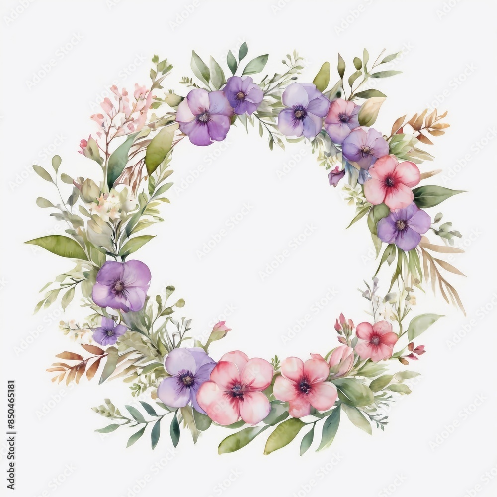 Fototapeta premium Floral wreath with flowers and leaves. Created by AI