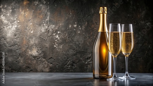 Romantic photo of golden champagne bottle, two wine glasses on black stone background, romantic, champagne, golden, bottle photo