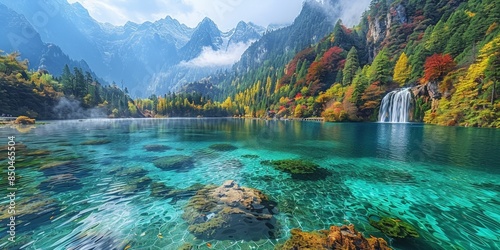 The surreal Jiuzhaigou Valley in China, known for its colorful lakes, waterfalls, and snow-capped peaks photo