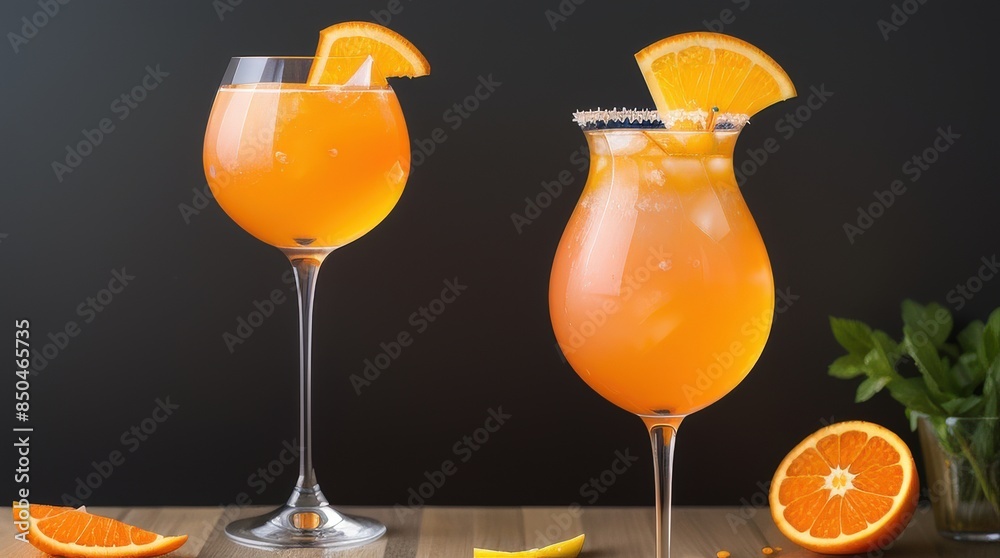 Two refreshing orange cocktails with ice, garnished with orange slices, presented in elegant glasses on a wooden surface.
Two refreshing orange cocktails with ice, garnished with orange slices, presented in elegant glasses on a wooden surface.