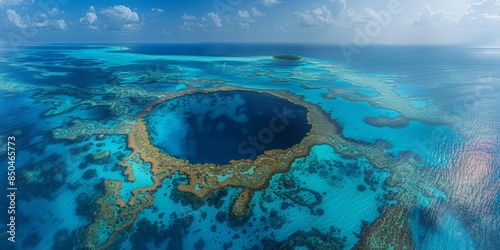 The surreal Great Blue Hole in Belize, a giant marine sinkhole surrounded by coral reefs and clear blue waters photo