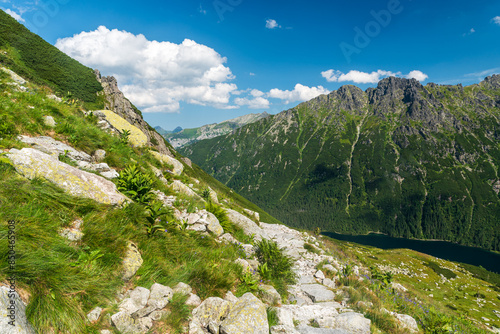 Fototapeta Naklejka Na Ścianę i Meble -  Morskie Oko lake with peaks above in High Tatras mountains in Poland