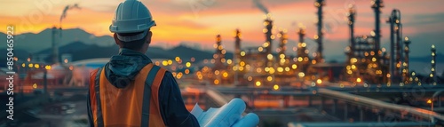 Back view of an engineer with blueprints, gazing at a refinery during twilight, highlighting the intersection of human effort and industrial advancement