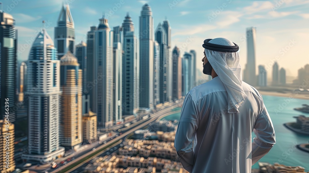 A man in traditional Emirati attire looks over a dazzling skyline, symbolizing wealth and progress A man in traditional Emirati attire looks over a dazzling skyline, symbolizing wealth and progress