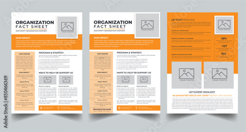 Nonprofit Organization Fact Sheet layout design template with 3 style design concept	