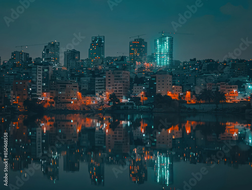 Night cityscape reflecting on water skyline, buildings illuminated by city lights under twilight hues