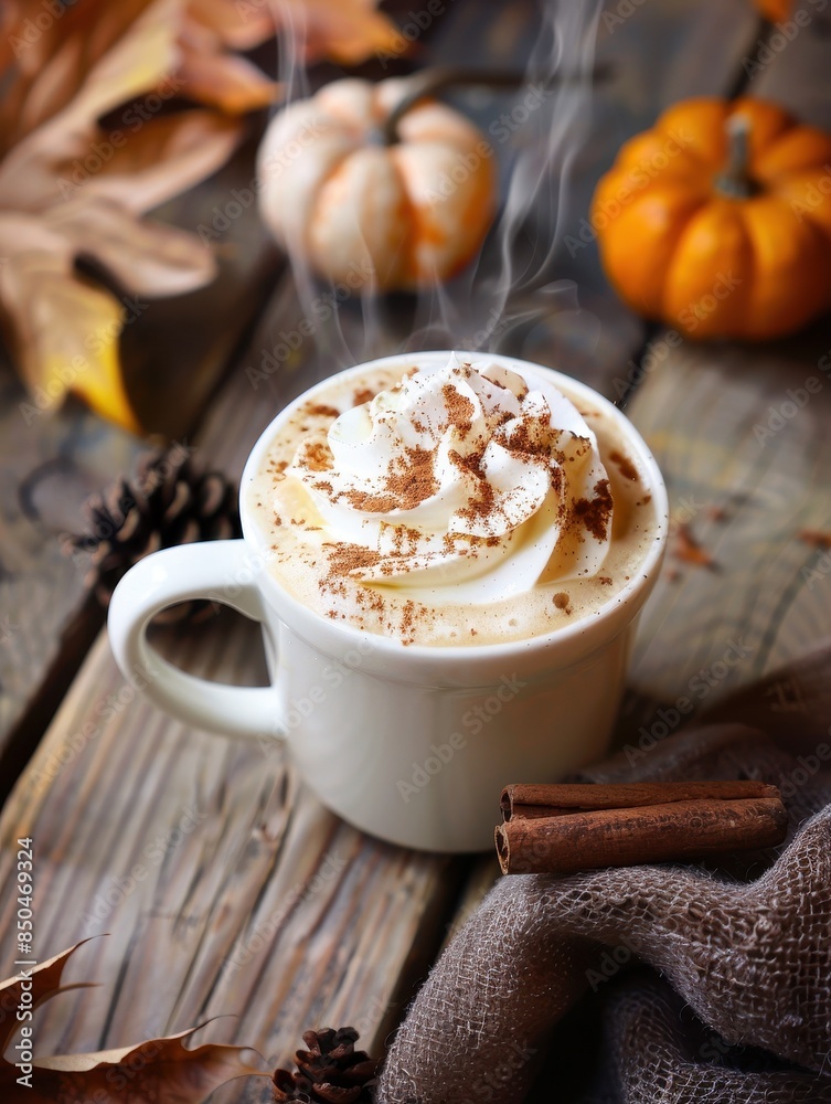 Cozy Autumn Vibes: Overhead View of Pumpkin Spice Latte with Whipped Cream and Cinnamon on Wooden Table with Fall Decorations Cozy Autumn Vibes: Overhead View of Pumpkin Spice Latte with Whipped Cream and Cinnamon on Wooden Table with Fall Decorations