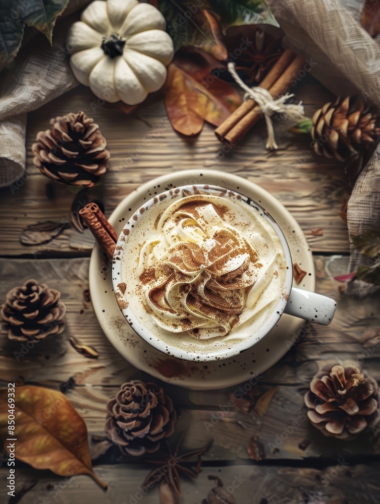 Cozy Autumn Vibes - Top View of Pumpkin Spice Latte with Whipped Cream and Cinnamon on Wooden Table Surrounded by Fall Decorations Cozy Autumn Vibes - Top View of Pumpkin Spice Latte with Whipped Cream and Cinnamon on Wooden Table Surrounded by Fall Decorations
