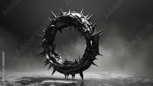 A 3D black and white image of a deformed donut with sharp spikes floating in a dark gray space. photo