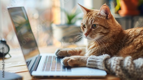 A cat sits on the table while its owner works on the laptop. © Suleyman