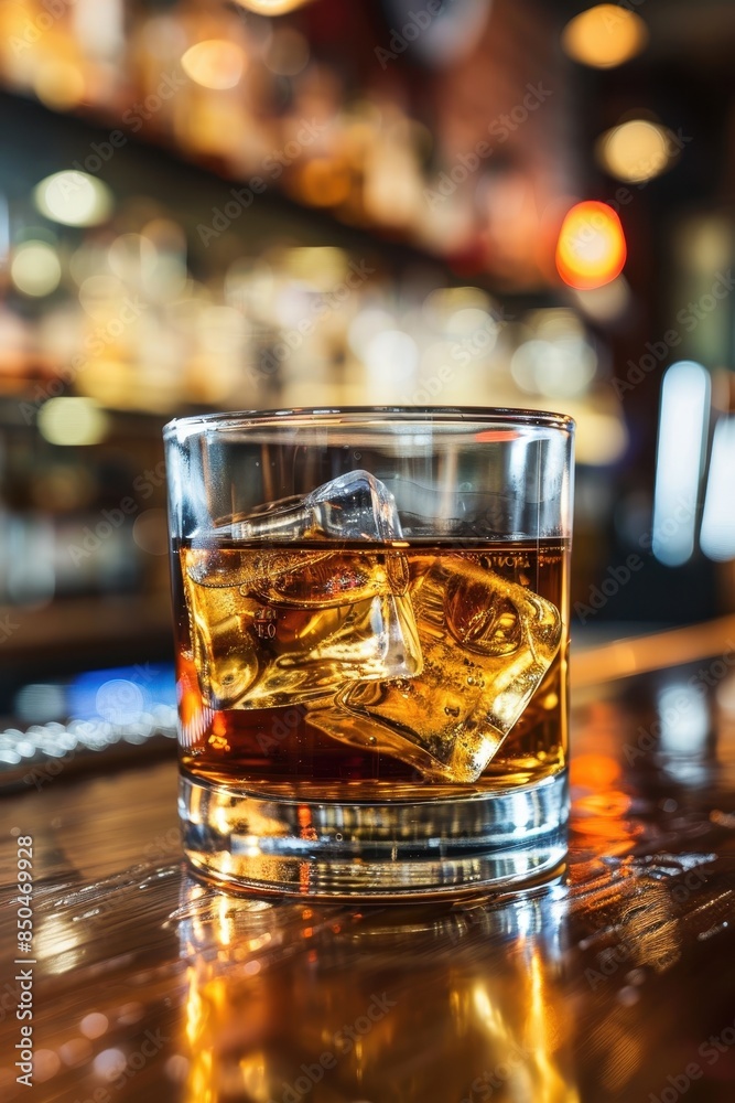 Elegant Whiskey Glass with Ice Cubes on Polished Wooden Bar Counter - Sophisticated Bar Ambiance Shot from Low Angle Elegant Whiskey Glass with Ice Cubes on Polished Wooden Bar Counter - Sophisticated Bar Ambiance Shot from Low Angle