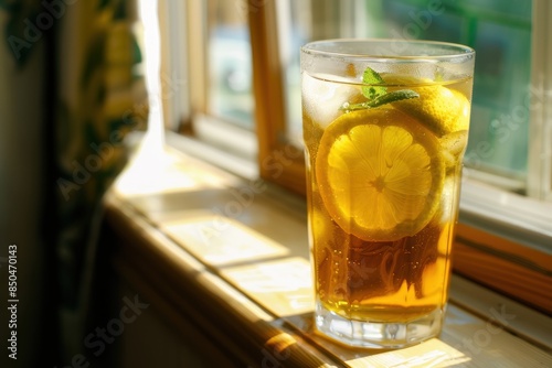 Invigorating Iced Green Tea with Lemon on Sunlit Windowsill - Relaxing Beverage Refreshment Indoors