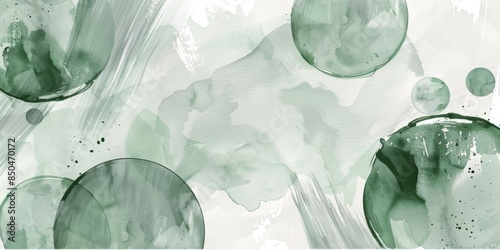 Abstract Green and White Watercolor Background with Circular Shapes. This captivating abstract artwork features a blend of vibrant green and white watercolor washes, creating a dynamic and visually ap photo