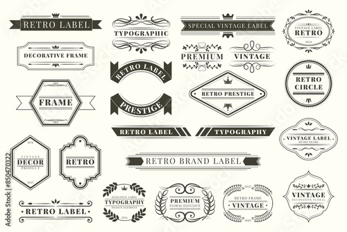 Ornament frame, logo set. Label element, flourish design. Ribbon elegant shape, banner decoration. Retro classic ornate text, luxury old sign. Elegant filigree calligraphy forms. Vector garish graphic