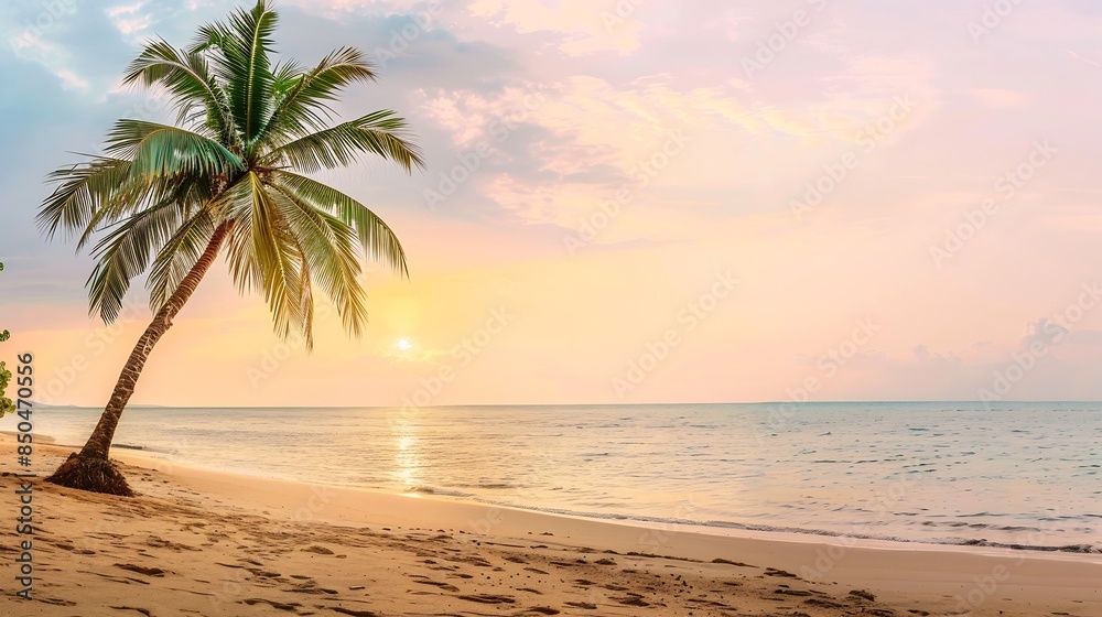Obraz premium Island palm tree sea sand beach Panoramic beach landscape Inspire tropical beach seascape horizon Orange and golden sunset sky calmness tranquil relaxing summer mood Vacation travel ho : Generative AI