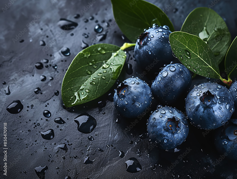 Blueberry image on a black background with water drops.