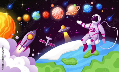 Space planet, galaxy background. Universe cartoon astronaut, star and rocket. Science child. Earth and sun, cosmos UFO, world astronomy sky. Science banner. Vector character design garish illustration