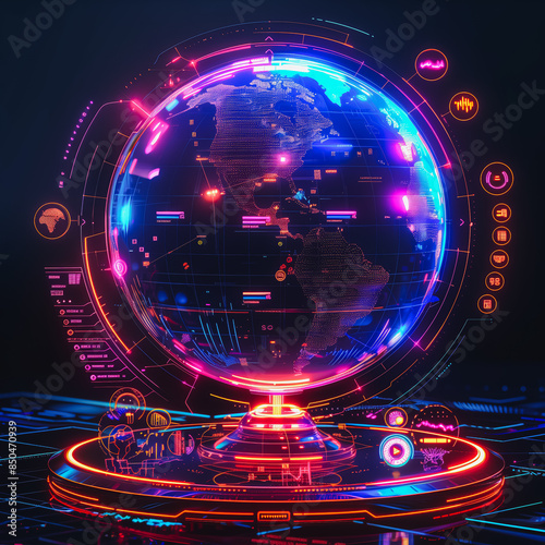 Futuristic holographic interface displaying global data and analytics on a sleek, illuminated platform