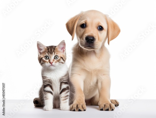 Tapety artystyczne A domestic cat and dog sit side by side, an unlikely friendship