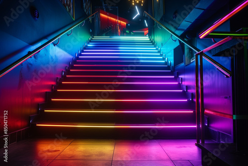 Neon lights under the stair.Modern nighclub entrance.


